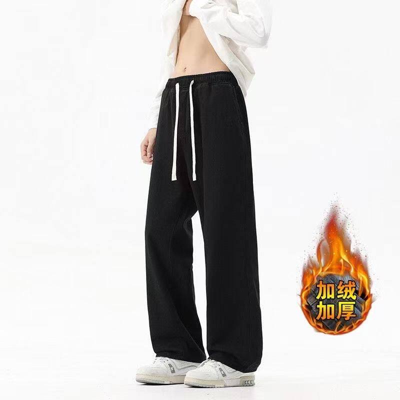 秋冬款松紧抽绳裤子男士加绒保款学院弹力微喇抽绳牛仔裤男士日系
