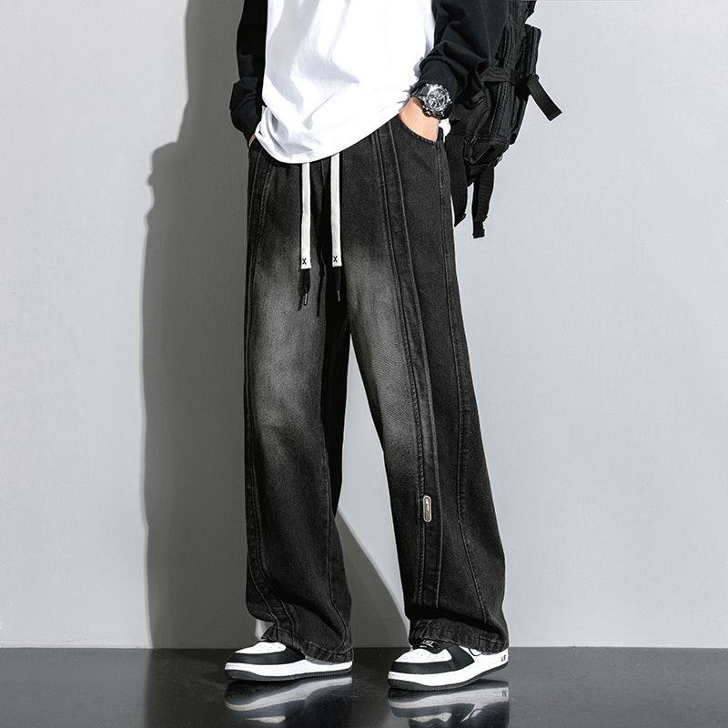 美式复古潮牌阔腿牛仔裤男宽松垂感大码直筒长裤休闲复古水洗裤子