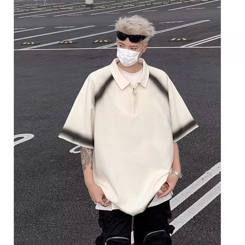 渐变半拉链polo衫短袖男夏季痞帅美式复古半袖潮牌重磅设计感t恤