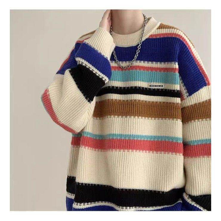 男秋冬季针织衫外套新款青少年情侣毛衣男生慵懒宽松条纹2025年潮