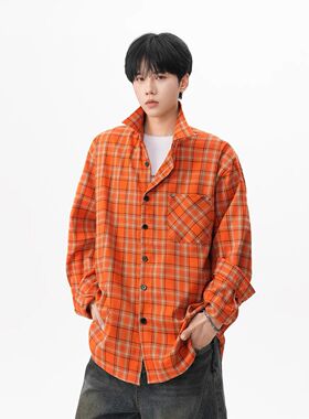 美式复古橙色格子衬衫男小众设计感翻领短袖新款撞色显白痞帅T恤