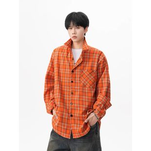 美式复古橙色格子衬衫男小众设计感翻领短袖新款撞色显白痞帅T恤