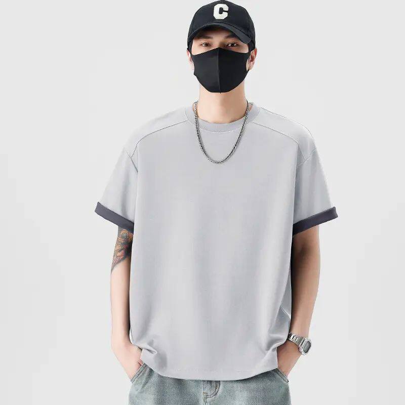 潮牌美式简约纯色拼接短袖T恤男士夏季大码学生宽松休闲正肩上衣