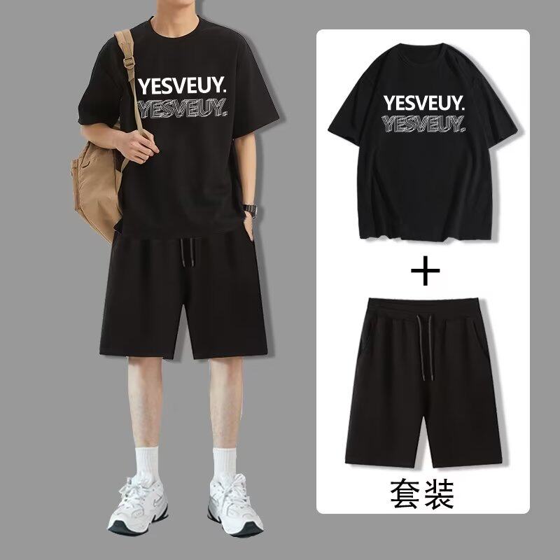 冰丝速干男士t恤夏季薄潮牌宽松短袖短裤篮球服一套跑步运动套装