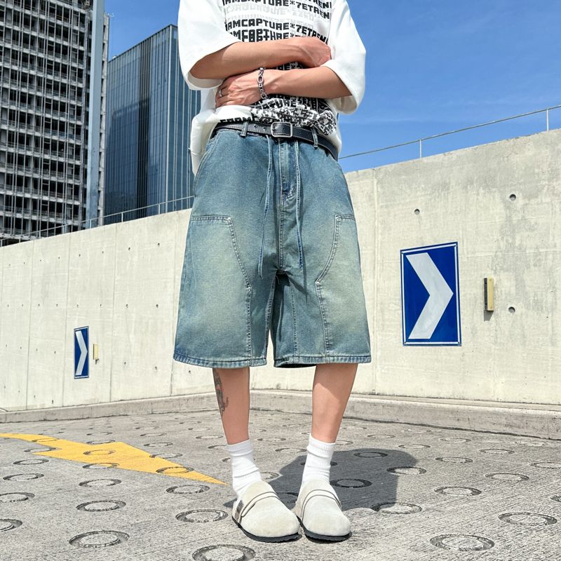 美式vibe复古水洗做旧牛仔短裤夏季薄款男女宽松百搭阔腿五分裤潮