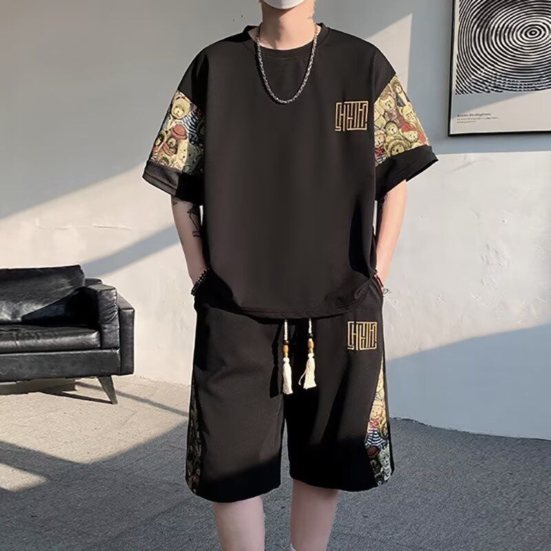 新中式套装男宽松薄款短袖短裤两件套国风夏季大码t恤休闲运动服