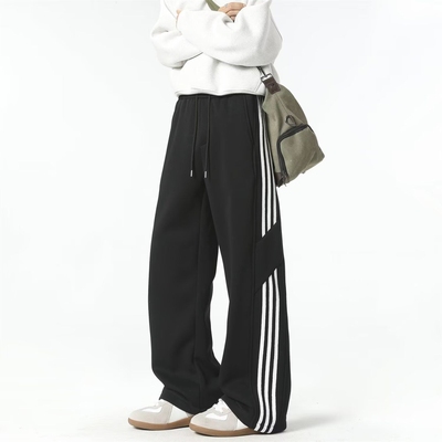 美式条纹三条杠裤子男款春秋款百搭直筒宽松阔腿卫裤运动休闲长裤