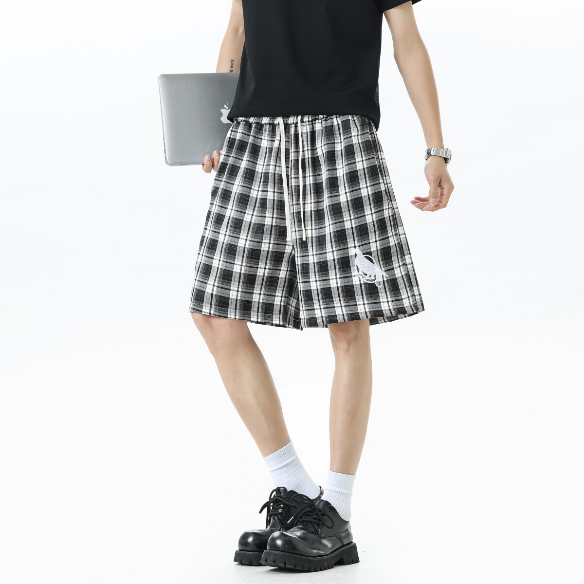 美式北卡蓝色格子刺绣短裤男女夏季cleanfit慵懒休闲百搭宽松五