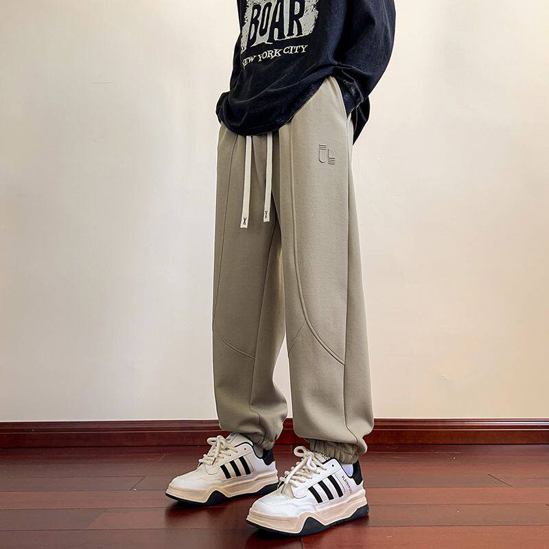 春季美式休闲痞帅深灰色刺绣卫裤男宽松抽绳百搭运动束脚裤子潮流