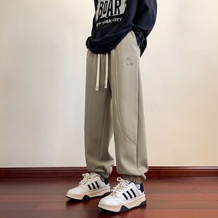 春季美式休闲痞帅深灰色刺绣卫裤男宽松抽绳百搭运动束脚裤子潮流