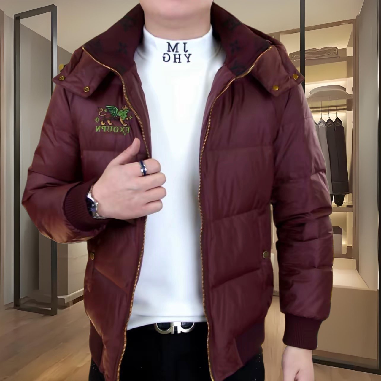 欧洲站冬季男士90白鸭连帽羽绒服