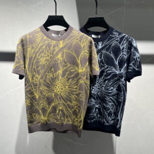 欧洲站2026夏季男士短袖针织t恤时尚个性冰丝提花百搭休闲半袖凉T