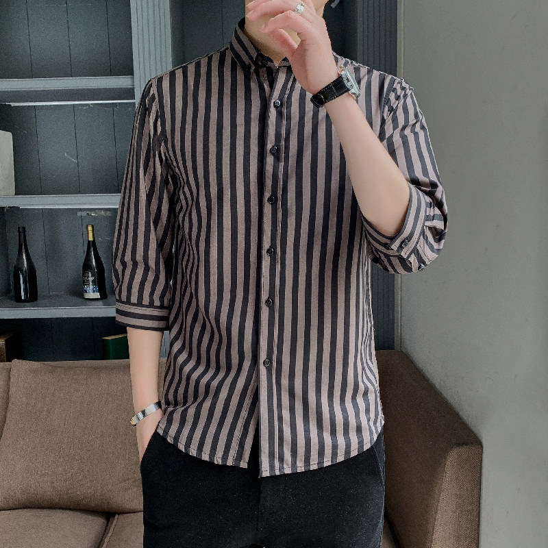 衬衫男七分袖2024春秋韩版潮流休闲百搭外套帅气打底条纹衬衣潮,男装衬衫,星座222