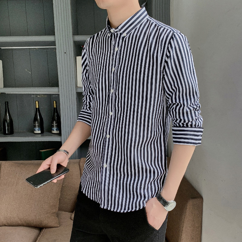 衬衫男长袖2024春秋韩版潮流时尚休闲百搭外套帅气打底条纹衬衣潮,男装衬衫,星座222