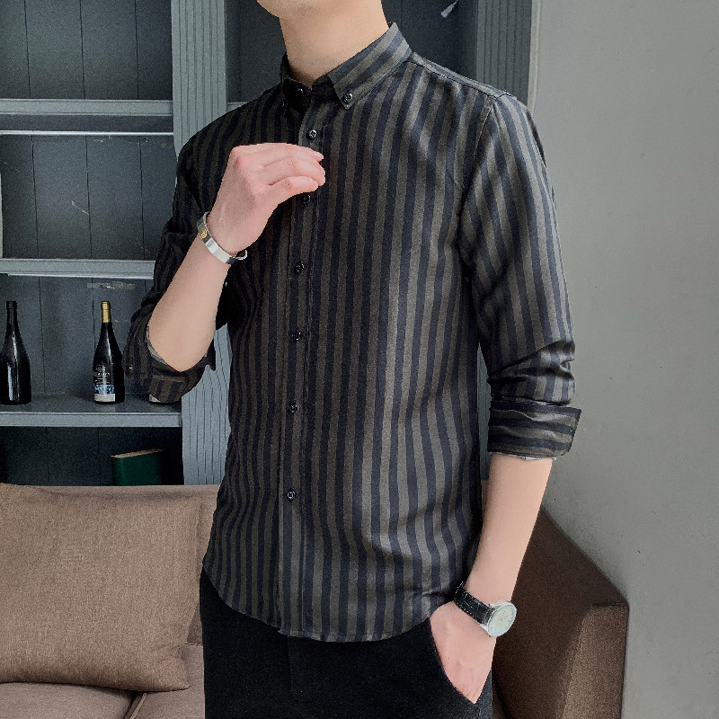 衬衫男长袖2024春秋韩版潮流休闲百搭外套帅气打底条纹衬衣潮,男装衬衫,星座222