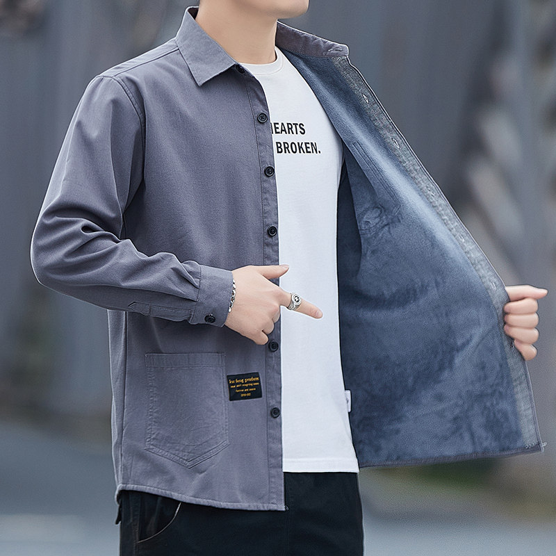 加绒长袖衬衫男冬季休闲时尚翻领工装百搭衬衣长期款加绒H6007,男装衬衫,星座222