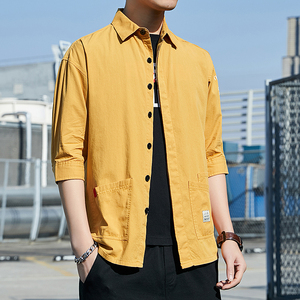 衬衫男韩版潮流短袖2024夏季宽松七分袖上衣服男士衬衣工装外套男图片