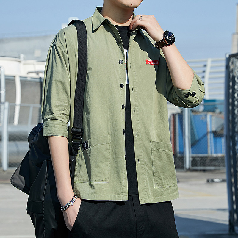 衬衫男韩版潮流短袖2024夏季宽松七分袖上衣服男士衬衣工装外套男,男装衬衫,星座222