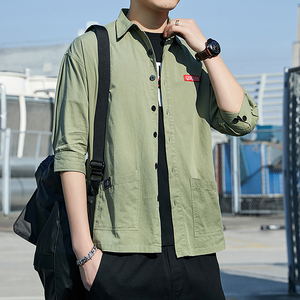 衬衫男韩版潮流短袖2024夏季宽松七分袖上衣服男士衬衣工装外套男