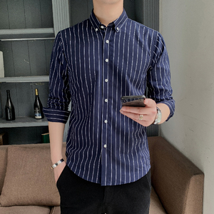 衬衫男长袖2024春秋韩版潮流时尚休闲百搭外套帅气打底条纹衬衣潮图片