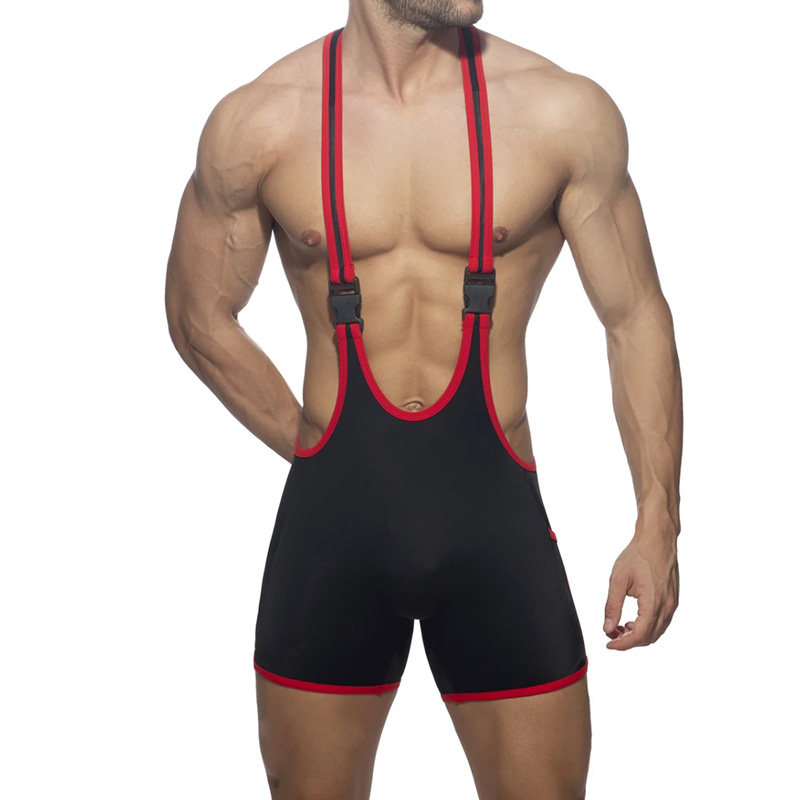 AD男士摔跤服骑行服平角款连体衣性感背带裤塑身美体健身服连体裤