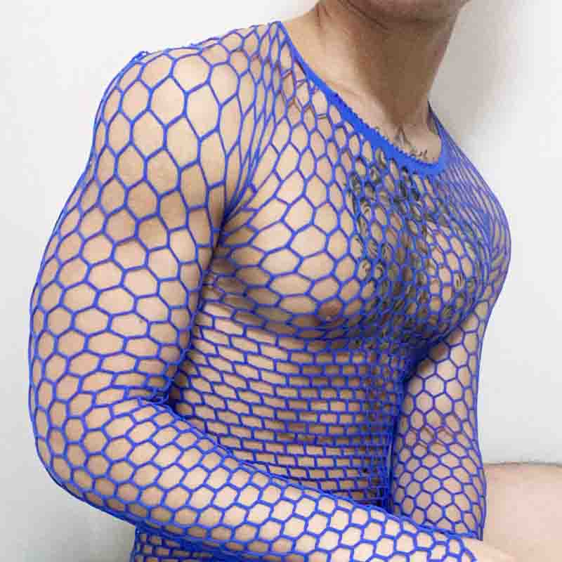 나이트 클럽 스타일 대형 메쉬 그물 스타킹 바 댄스 남성 조끼 섹시한 바닥 피트니스 가슴 티셔츠 남성용