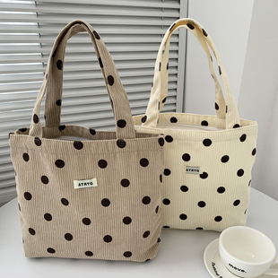 2025新款韩系ins大容量波点灯芯绒日常通勤百搭复古手提饭盒包