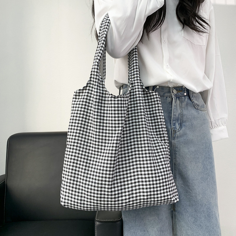 2026新款格子帆布背心包大容量单肩包轻便购物袋大学生上课装书包