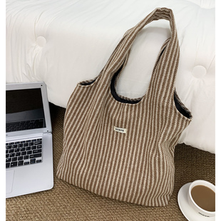 2025秋冬包包大容量条纹毛呢帆布托特包男女同款单肩包小众简约