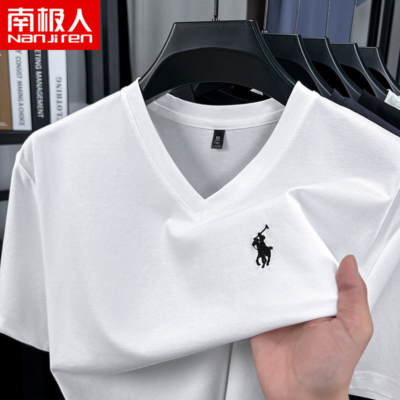 南极人夏季新款鸡心V领短袖T恤男刺绣半袖休闲半截袖体恤上衣棉t