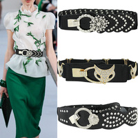 High-end rhinestone-embellished girdle women's decorative dress wide and versatile fashionable fur black elastic belt trendy accessories