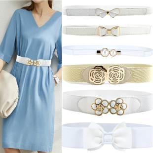 新款腰带女细简约百搭配裙子蝴蝶结装饰韩版米色白色松紧腰封修身
