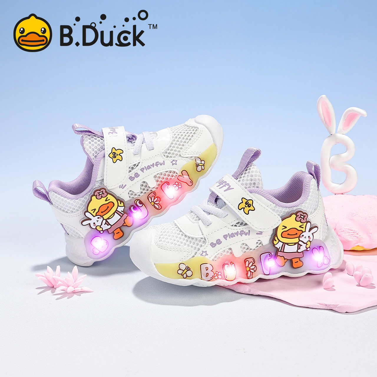 B.Duck小黄鸭童鞋女童包头亮灯凉鞋儿童网面鞋夏季女孩鞋子发光鞋图片