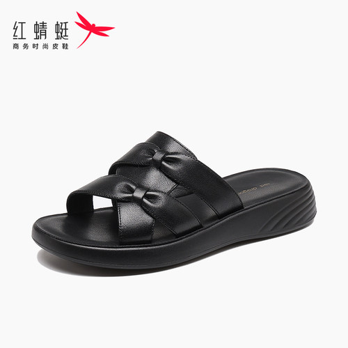 红蜻蜓牛皮平底夏季女一字拖凉鞋