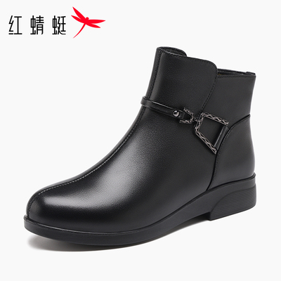 红蜻蜓加绒低跟牛皮中老年女靴