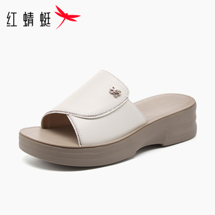红蜻蜓女鞋2026新款头层牛皮真皮坡跟厚底增高4.5cm软底妈妈拖鞋