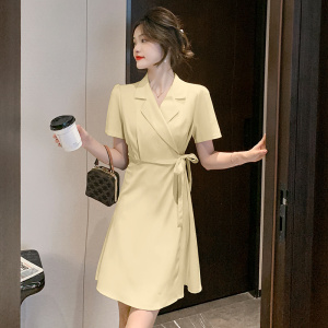 RM11559#夏季新款西装裙小个子法式V领系带拼接短款连衣裙