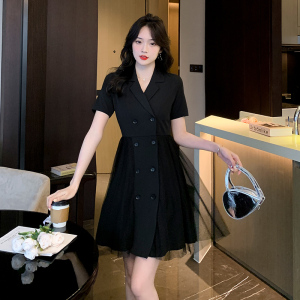 RM11555#夏季新款法式赫本风西装领双排扣网红网纱拼接连衣裙女