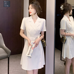 RM11559#夏季新款西装裙小个子法式V领系带拼接短款连衣裙