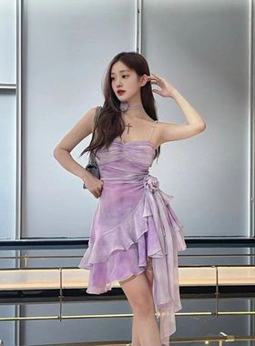 初夏紫色渐变小众设计纯欲风荷叶边不规则裙摆吊带连衣裙