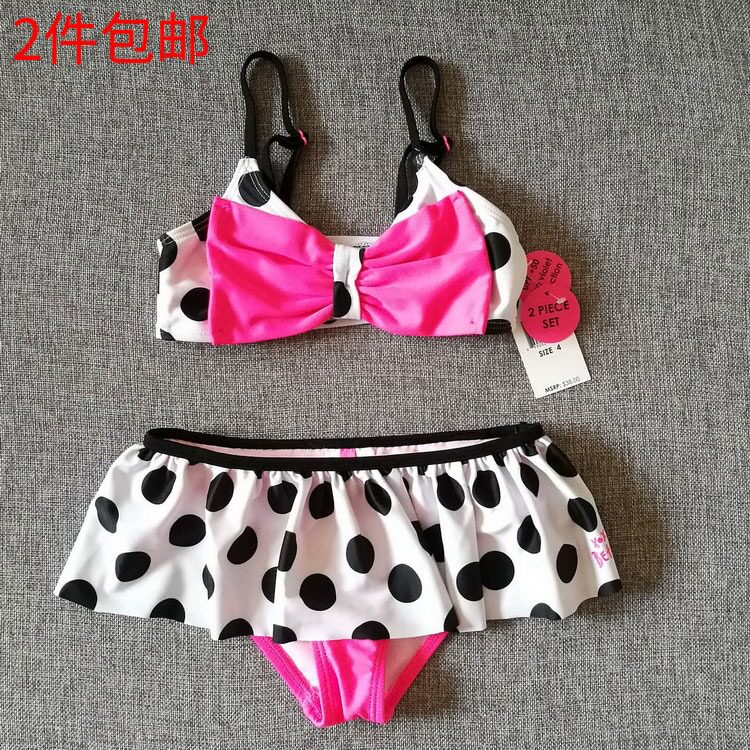 外贸纯原黑白大波点女童小中童宝宝分体游泳衣防晒防紫外线UPF50+