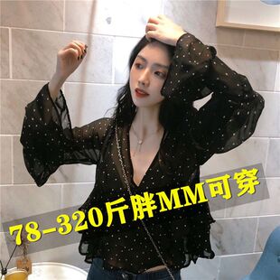 300斤雪纺衫女夏季韩版特大码长袖衬衫藏肉胖mm宽松遮肚韩版衬衣