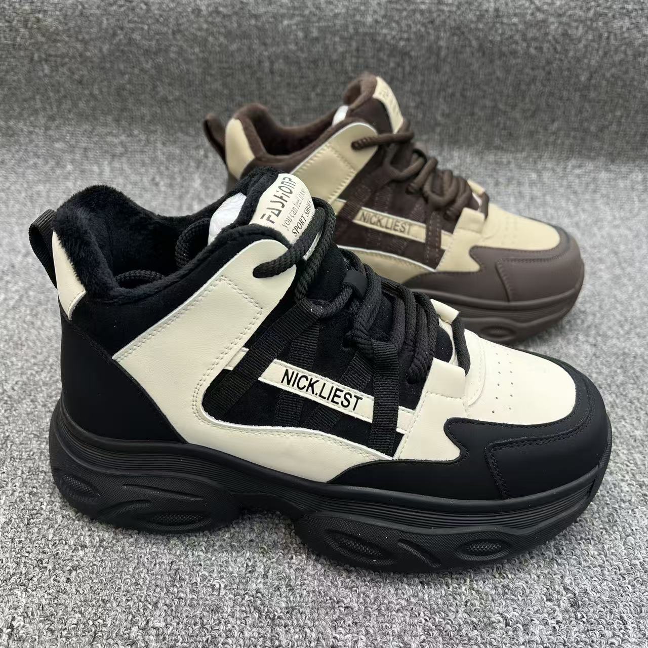 智尚千真皮厚底系带高帮女棉鞋