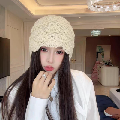 韩系手工钩花镂空马海毛针织毛线帽子女秋冬季保暖百搭包头帽冷帽