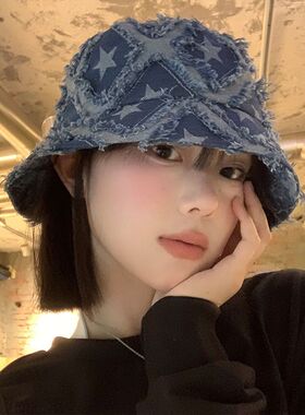 毛边星星牛仔渔夫帽女蓝色小众设计感盆帽大头围显脸小水桶帽子潮