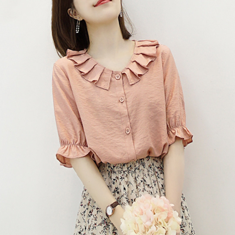 衬衫女2021夏装新款韩版甜美折叠娃娃领衬衣喇叭袖设计感洋气上衣|msdalam kategori Butik wanita / wanita, shirt - dari Buy2taobao.com untuk memberikan perkhidmatan ejen Taobao profesional membeli