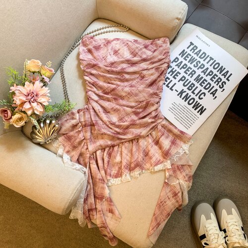 花边拼接格子抹胸背心小衫优品质