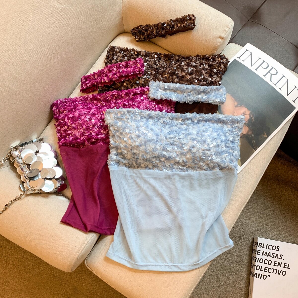 Jade Closet直营店推荐~美拉德纯欲风亮片配脖圈有胸垫抹胸背心女