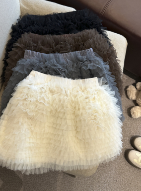 Jade Closet直营店推荐~美拉德甜美风松紧腰网纱拼接蛋糕半身短裙