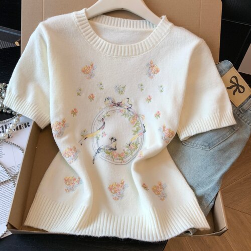 甜美风圆领绣花针织小衫优品质